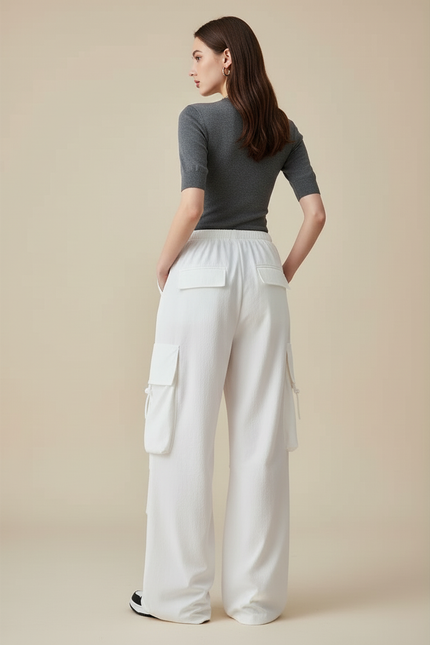 Pantalon Cargo Blanc Ample Multipoches Décontracté - Toile - vue 2