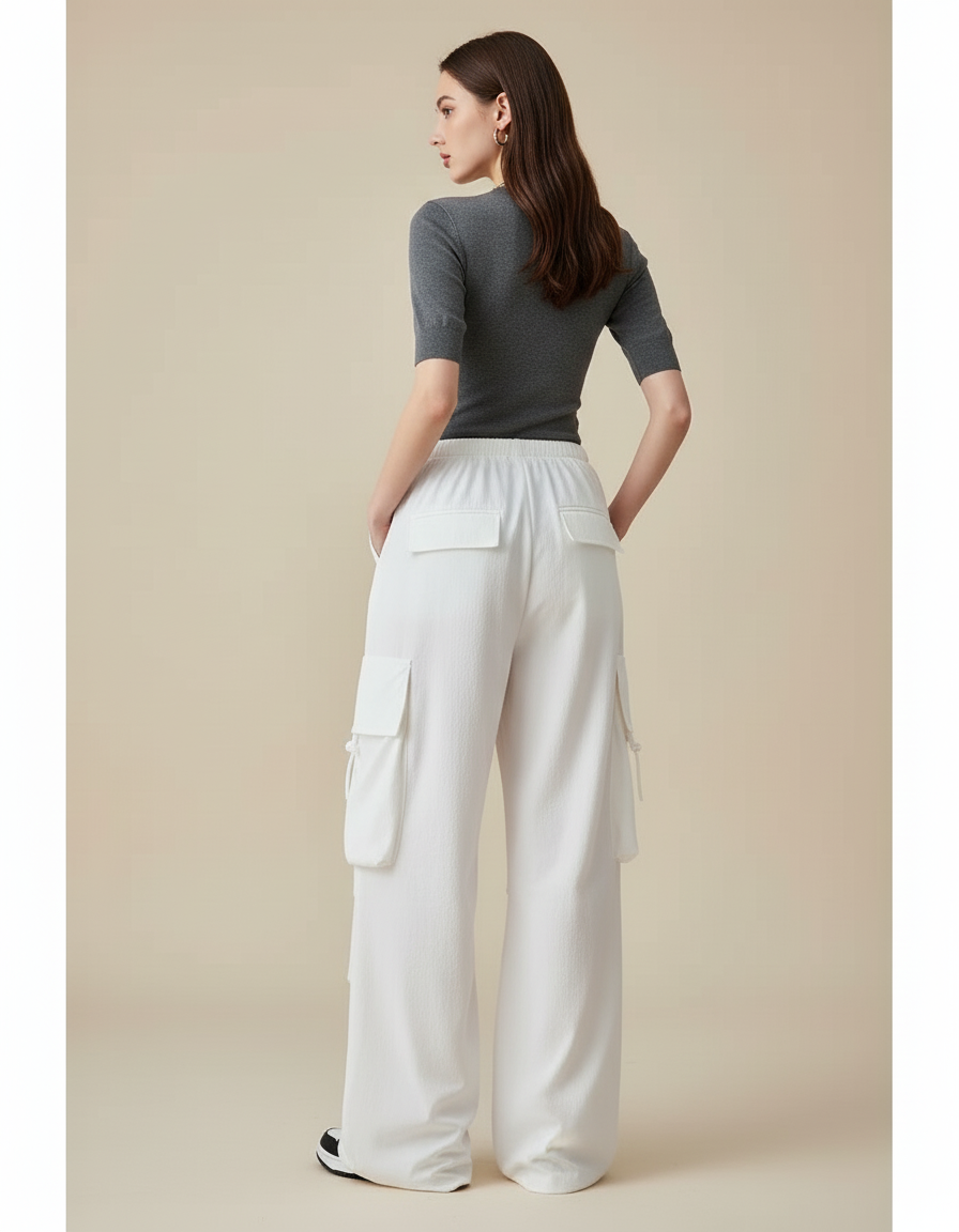 Pantalon Cargo Blanc Ample Multipoches Décontracté - Toile - vue 2
