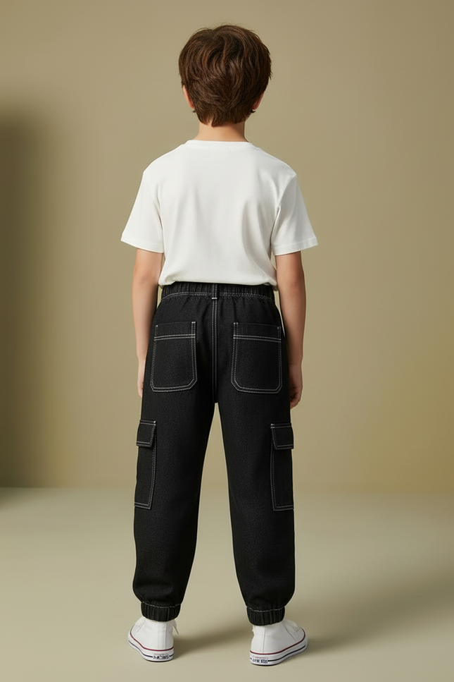 Pantalon Cargo Noir Denim Coton Ample Garçon - Jean - vue 2
