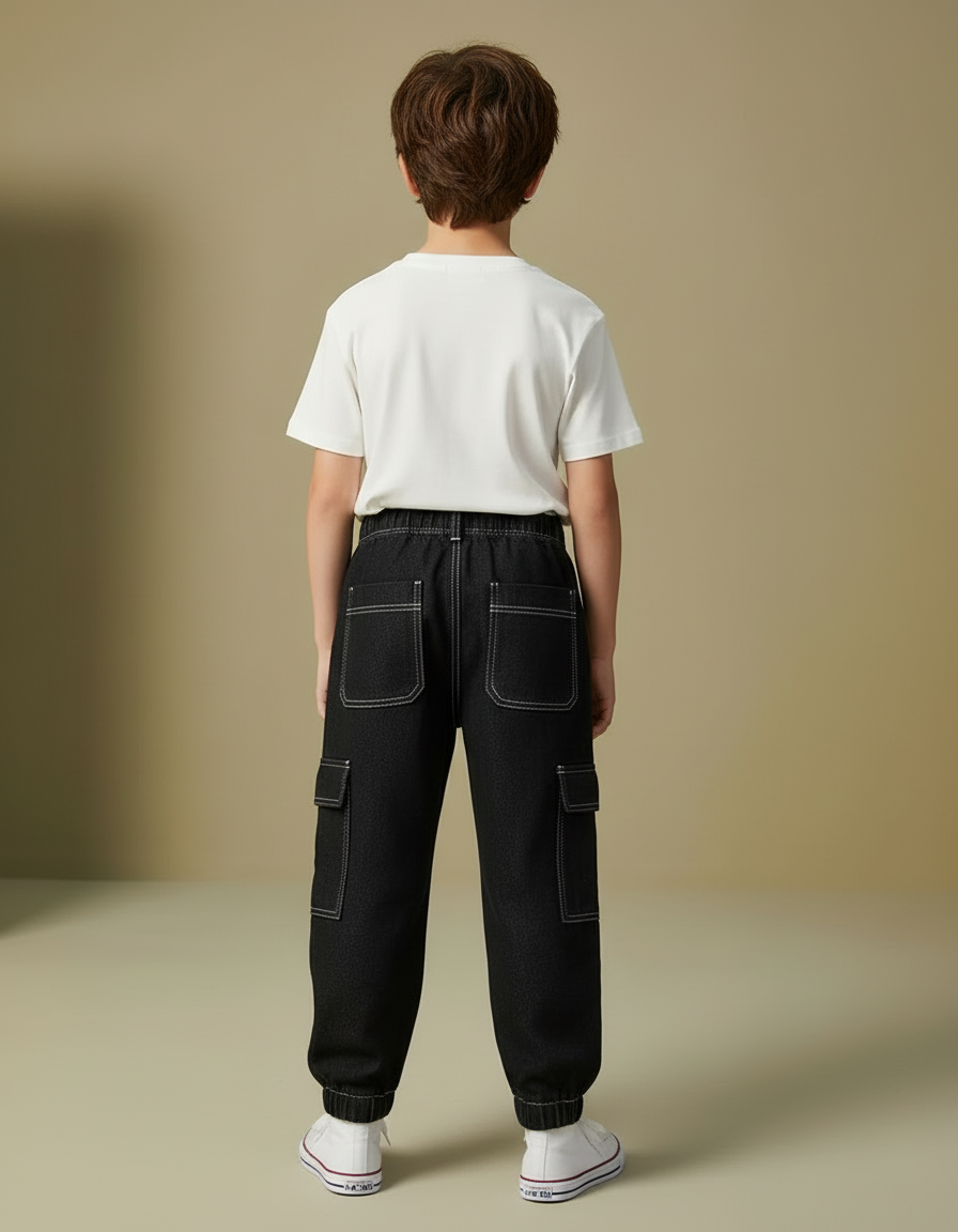 Pantalon Cargo Noir Denim Coton Ample Garçon - Jean - vue 2