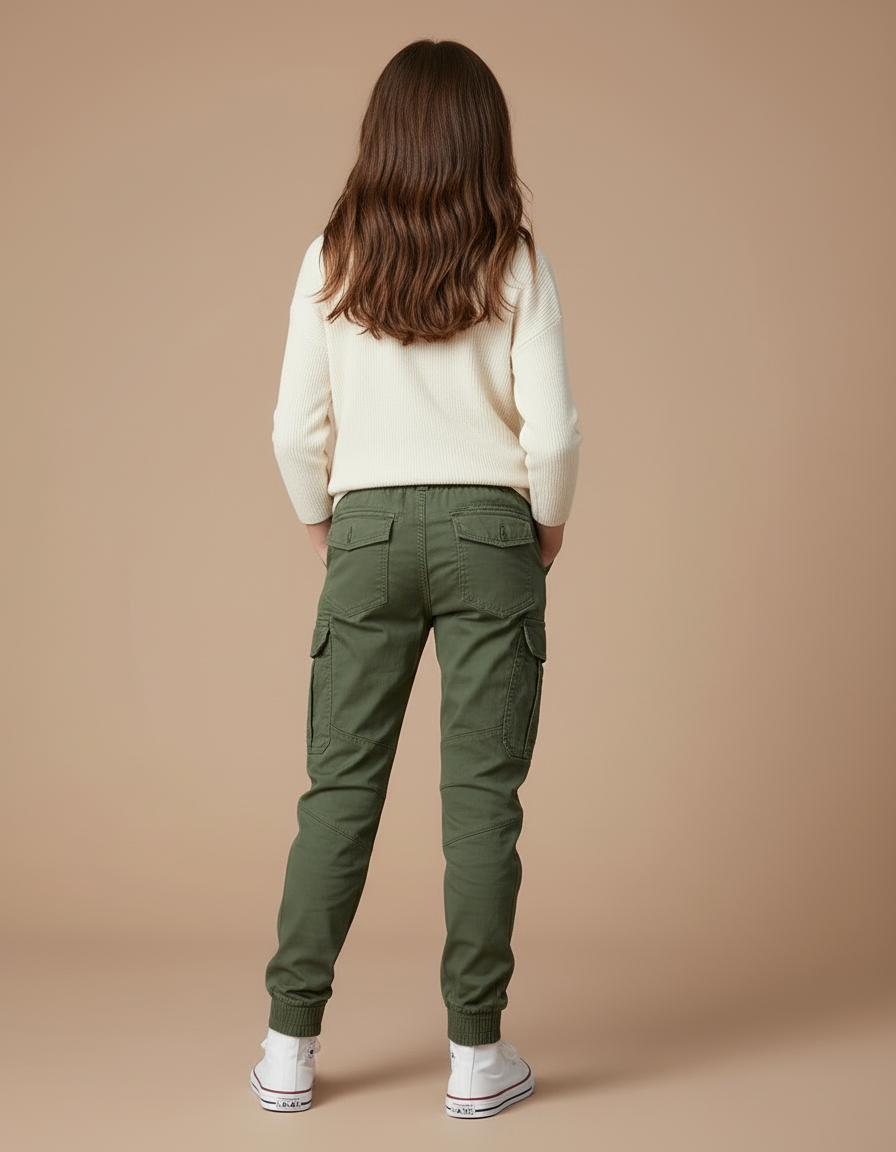 Pantalon Cargo Vert Militaire Coton Multipoches Enfant - Kaki - vue 2
