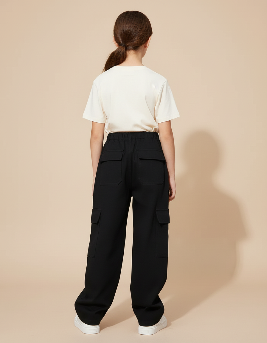 Pantalon Cargo Noir Ample Décontracté Fille - Gabardine - vue 2