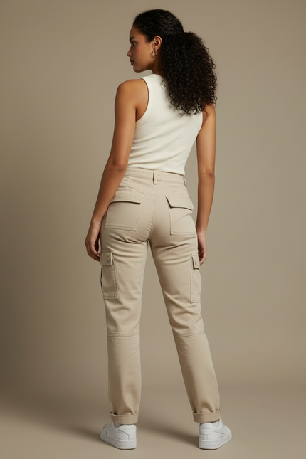 Pantalon Cargo Beige Décontracté Ample Coton Taille Haute - Gabardine - vue 2