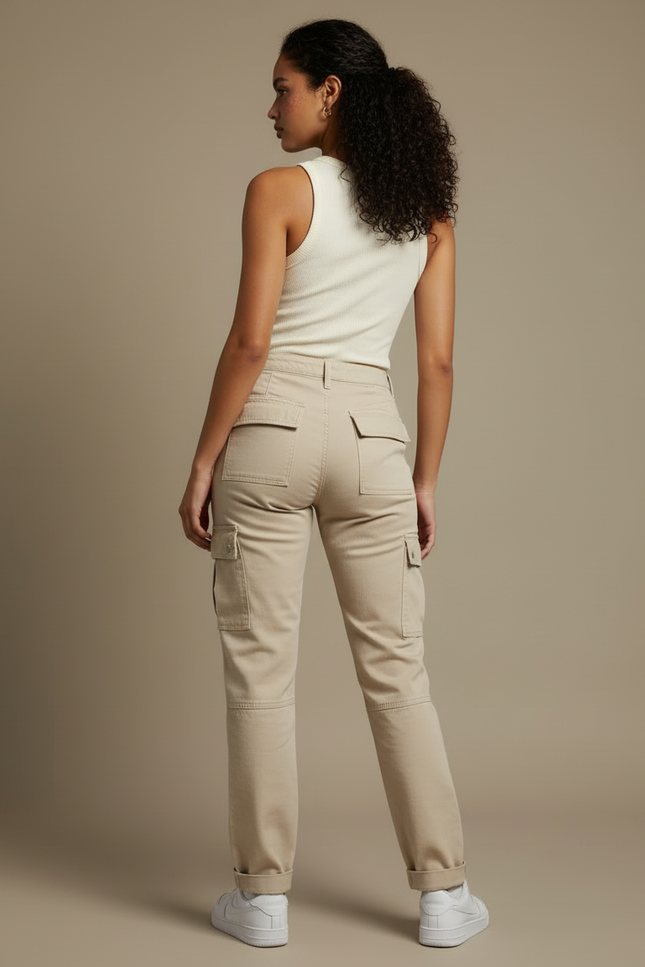 Pantalon Cargo Beige Décontracté Ample Coton Taille Haute - Gabardine - vue 2