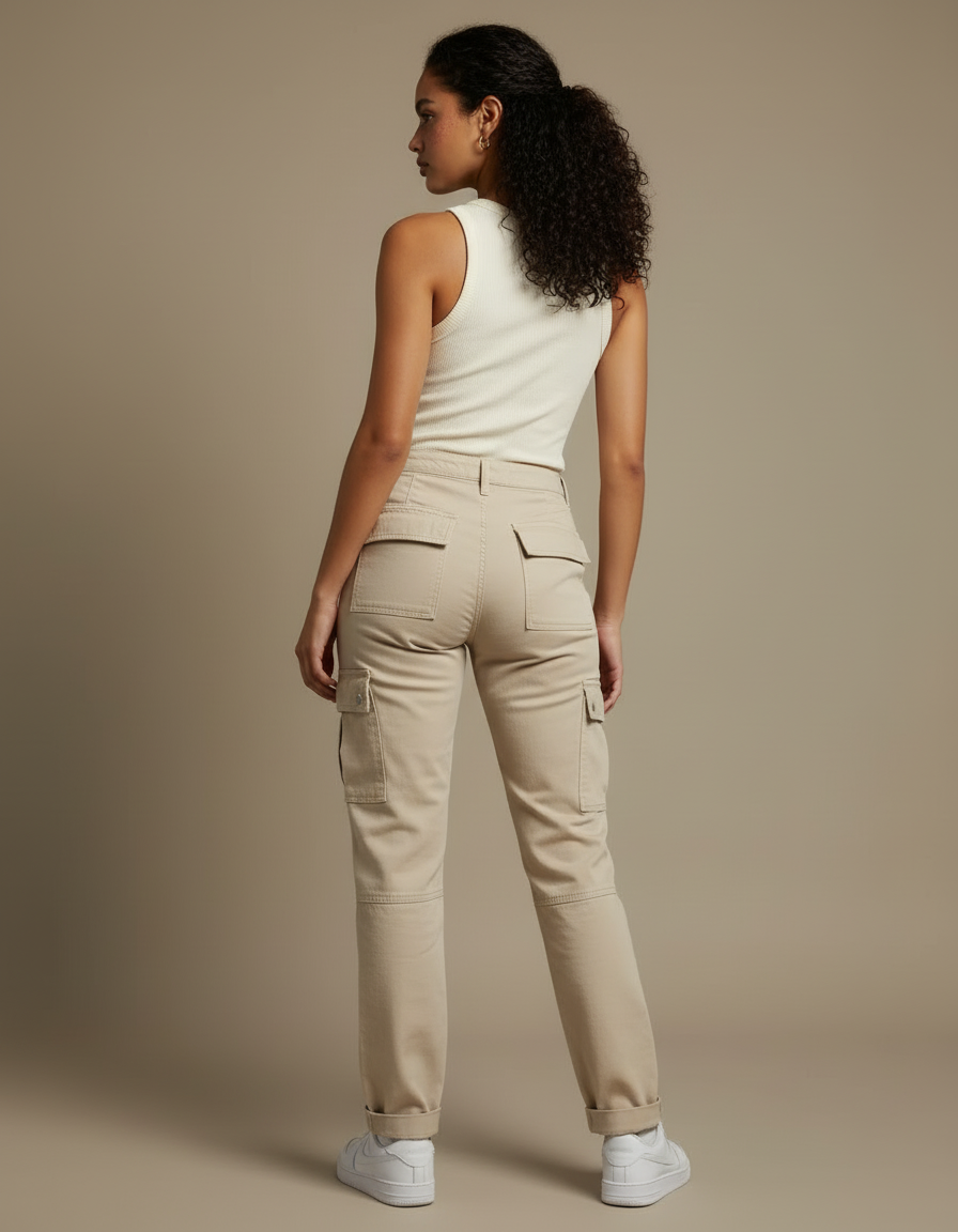 Pantalon Cargo Beige Décontracté Ample Coton Taille Haute - Gabardine - vue 2