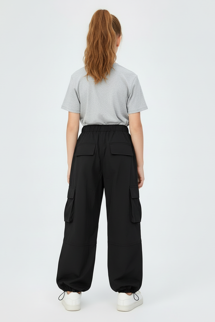 Pantalon Cargo Noir Ample Multipoches Ajustable Fille - Polyester - vue 2