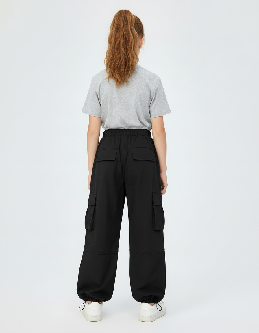 Pantalon Cargo Noir Ample Multipoches Ajustable Fille - Polyester - vue 2