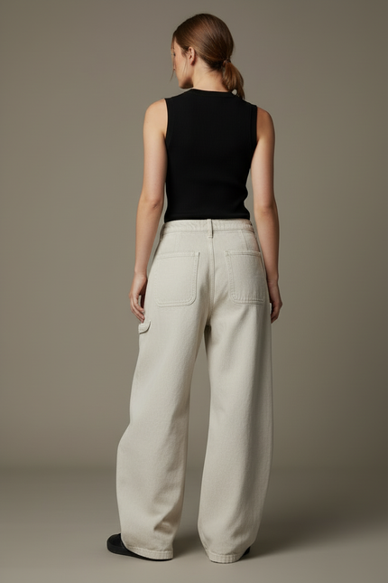 Pantalon Cargo Beige Ample Jean Taille Haute Femme - vue 2