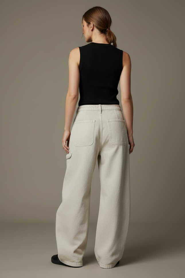 Pantalon Cargo Beige Ample Jean Taille Haute Femme - vue 2