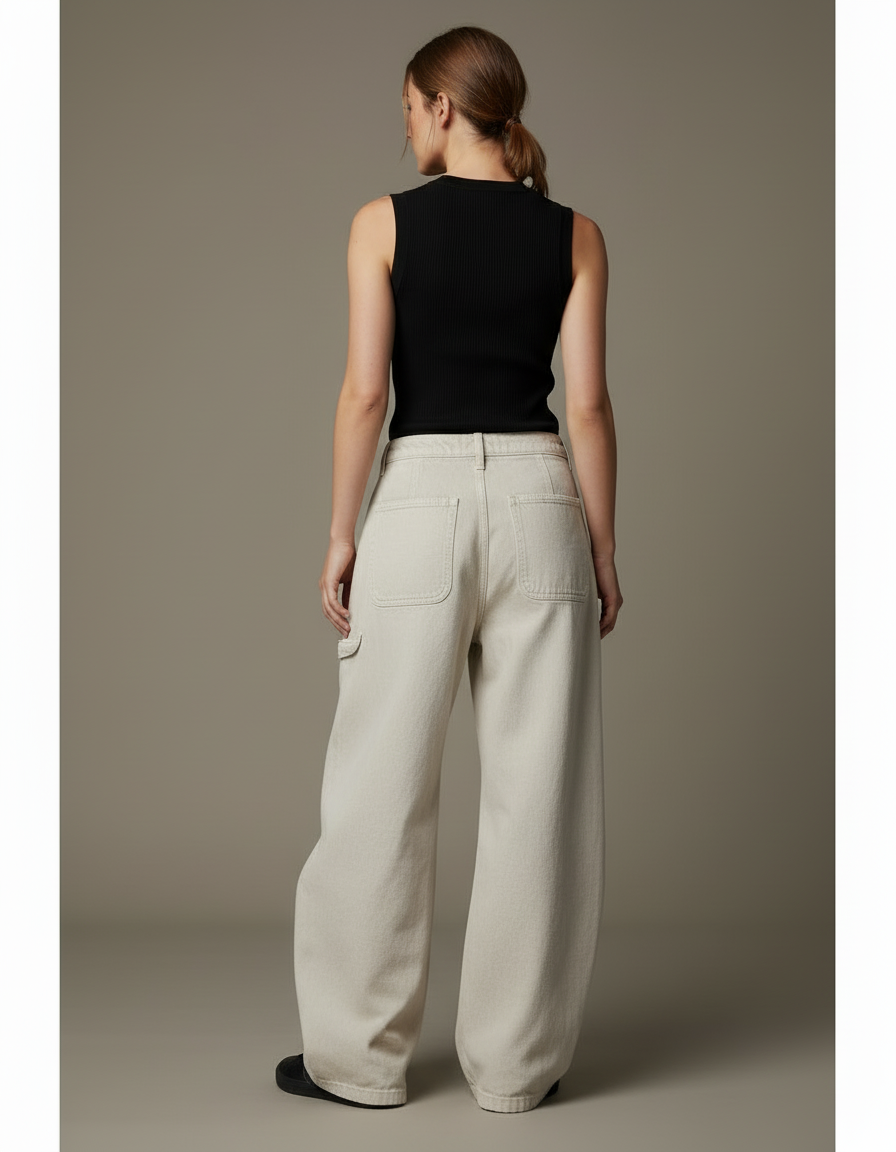 Pantalon Cargo Beige Ample Jean Taille Haute Femme - vue 2