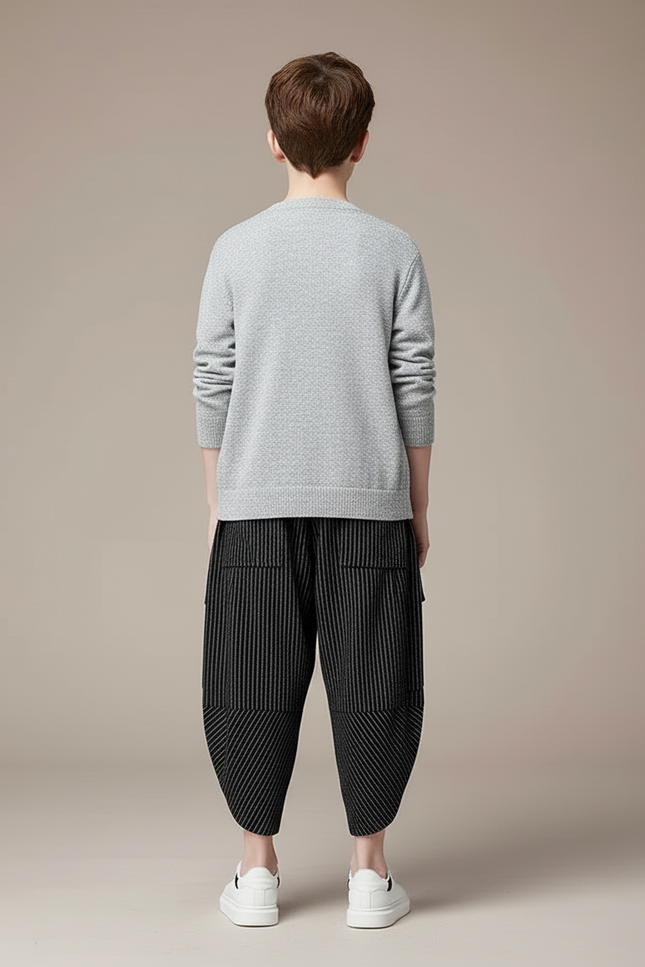 Pantalon Cargo Noir Rayé Plissé Ample Garçon - Polyester - vue 2