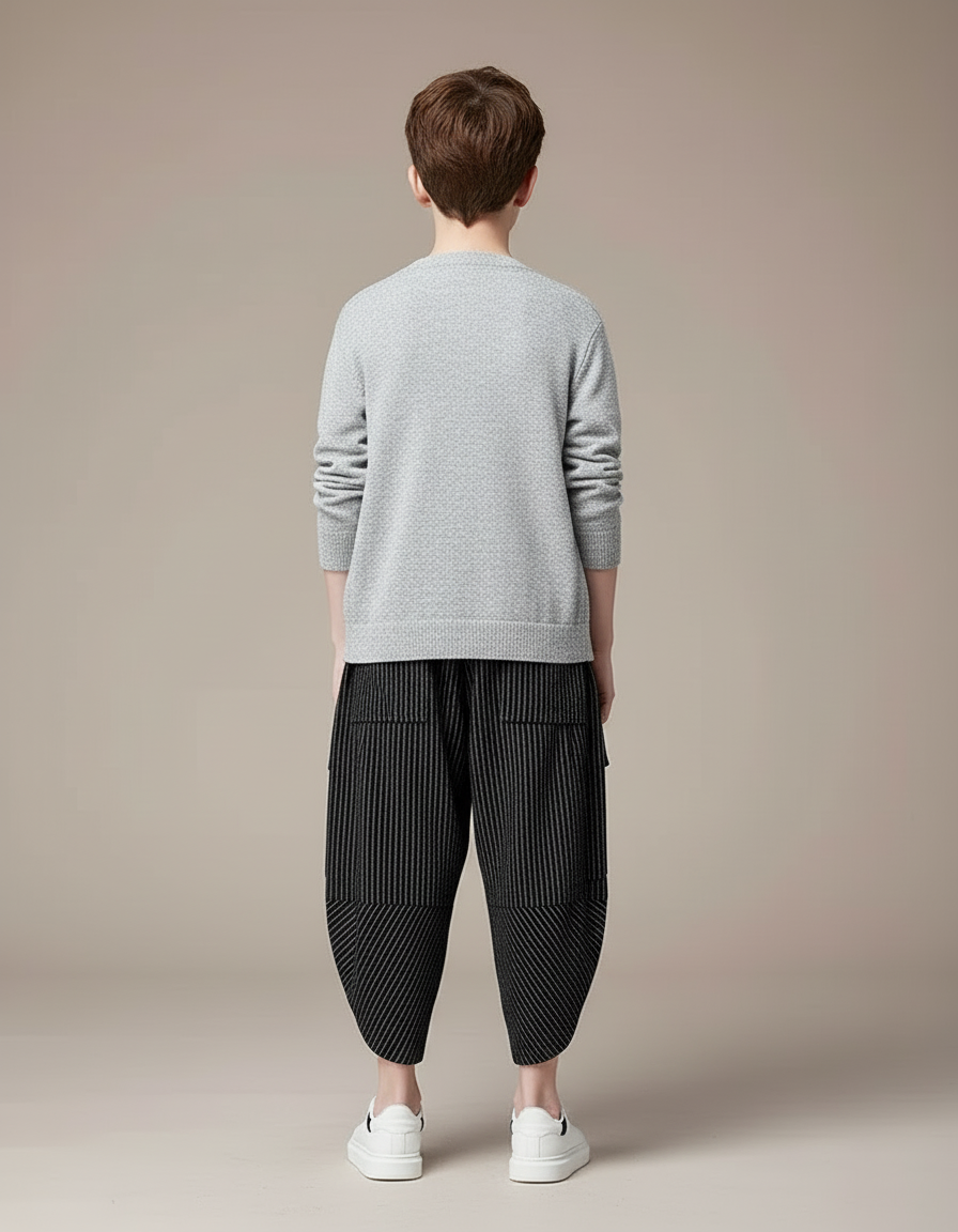 Pantalon Cargo Noir Rayé Plissé Ample Garçon - Polyester - vue 2