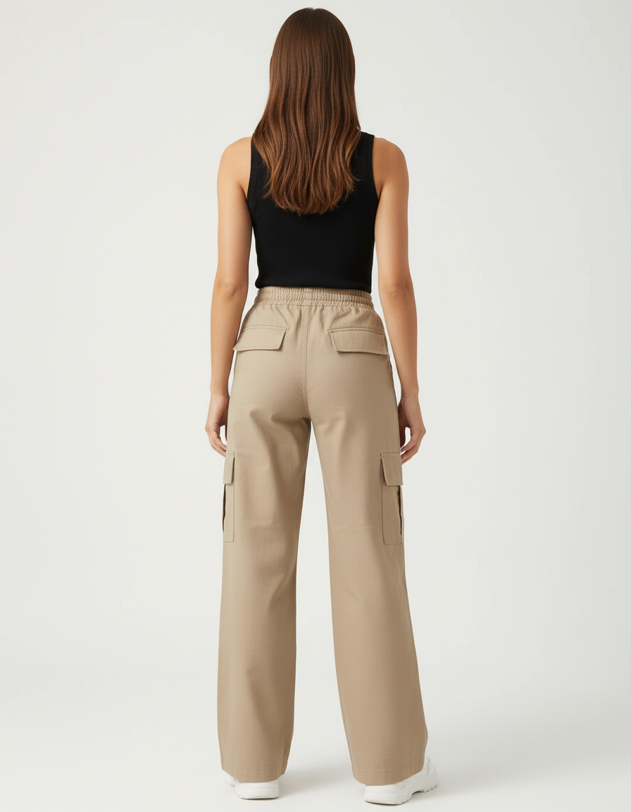 Pantalon Cargo Beige Décontracté Ample Poches Femme - Toile - vue 2