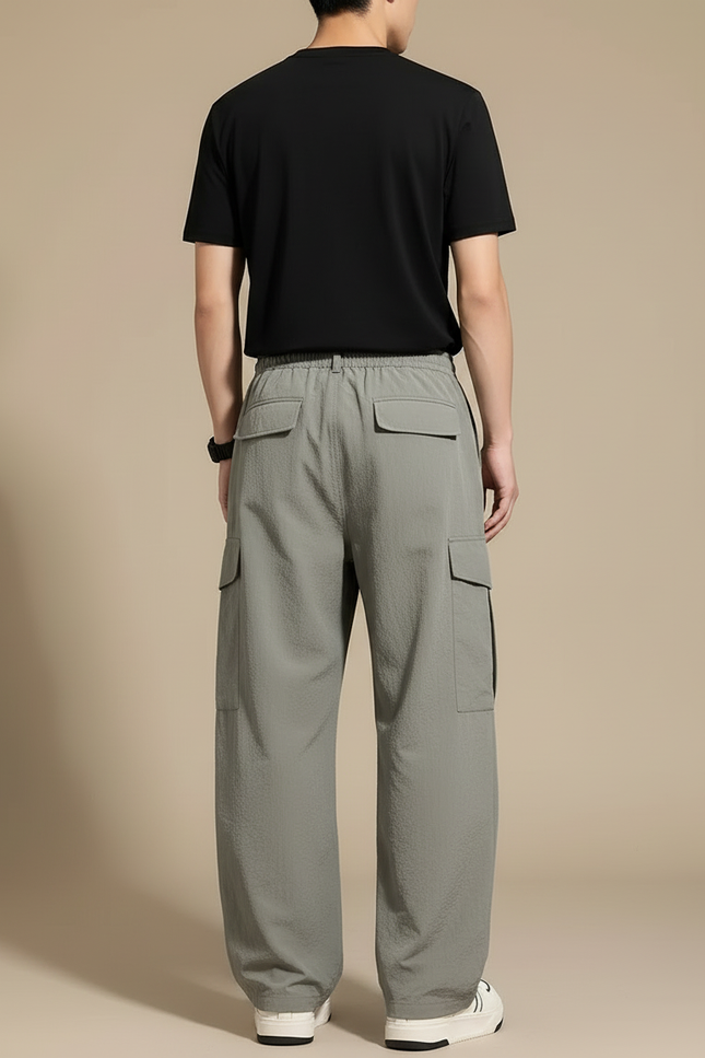 Pantalon Cargo Gris Ample Cordon Décontracté Multipoches - Polyester - vue 2