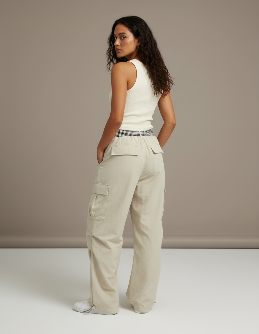 Pantalon Cargo Beige Ample Décontracté Streetwear Femme - Polyester - vue 2
