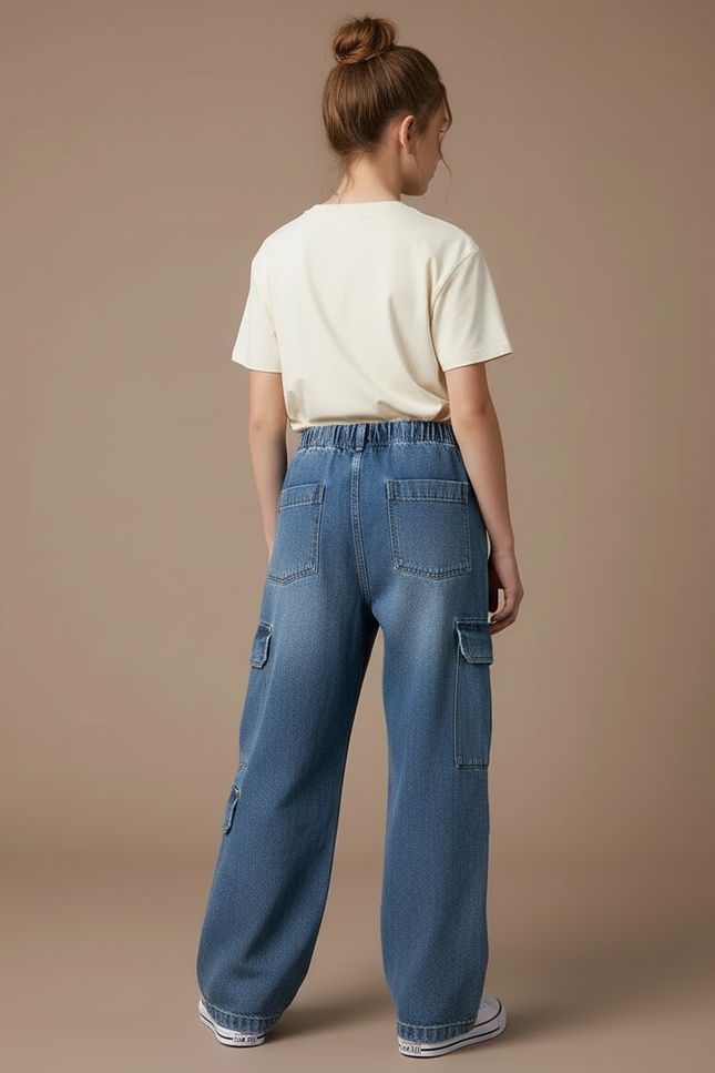 Pantalon Cargo Denim Ample Bleu Multipoches Fille - Jean - vue 2