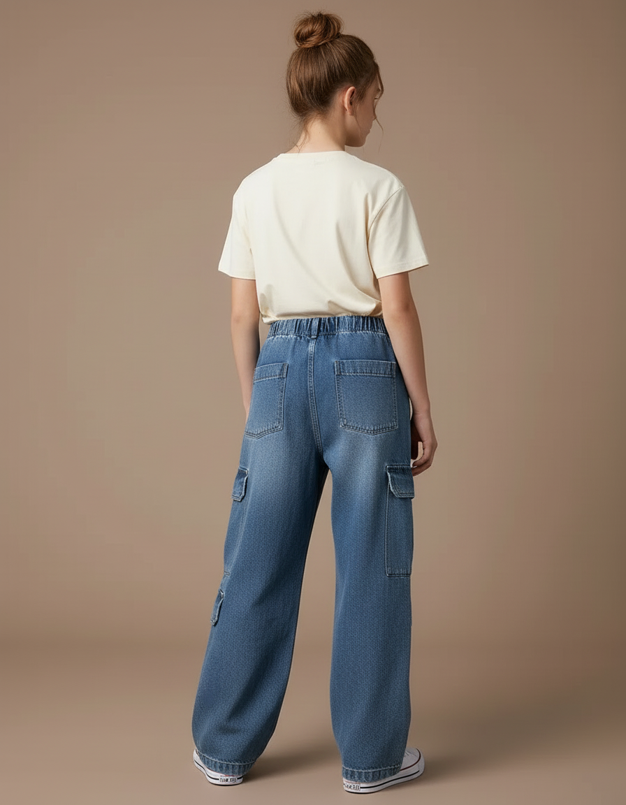 Pantalon Cargo Denim Ample Bleu Multipoches Fille - Jean - vue 2