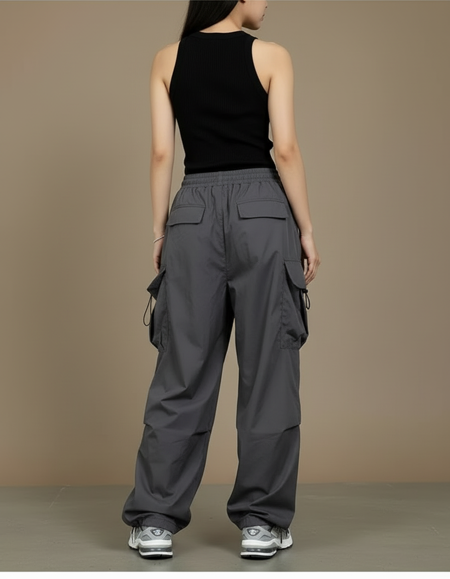 Pantalon Cargo Gris Ample Décontracté Streetwear Poches - Polyester - vue 2