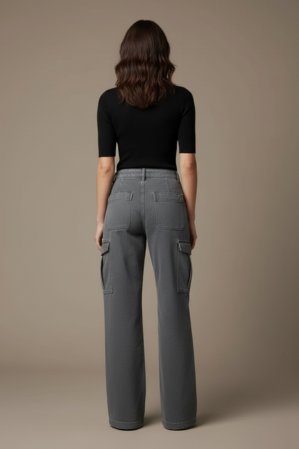 Pantalon Cargo Gris, Ample, Multipoches, Taille Haute, Décontracté - Jean - vue 2