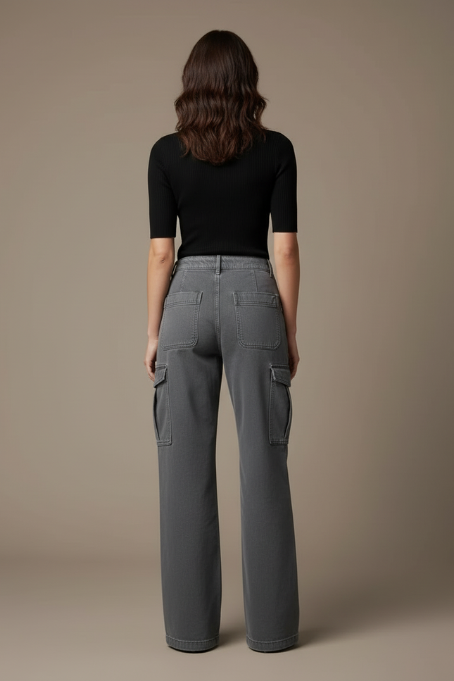 Pantalon Cargo Gris, Ample, Multipoches, Taille Haute, Décontracté - Jean - vue 2
