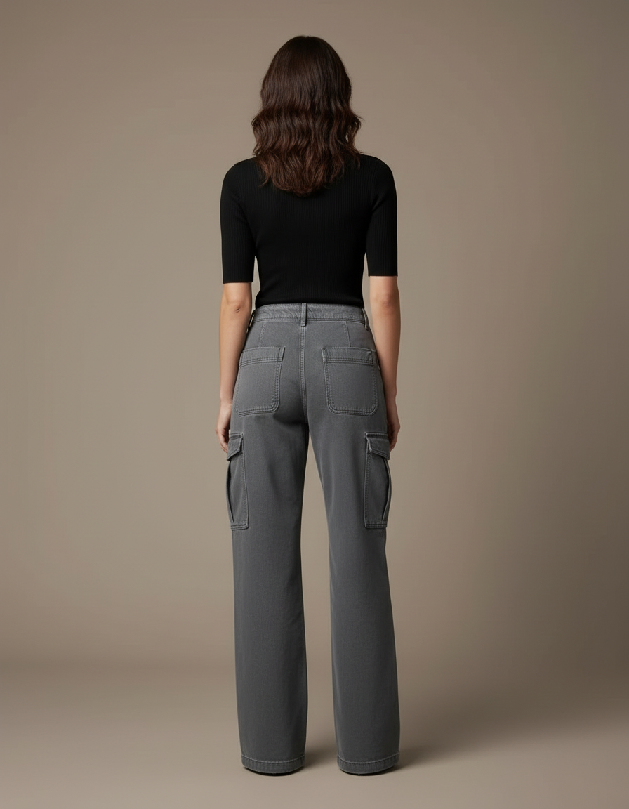 Pantalon Cargo Gris, Ample, Multipoches, Taille Haute, Décontracté - Jean - vue 2