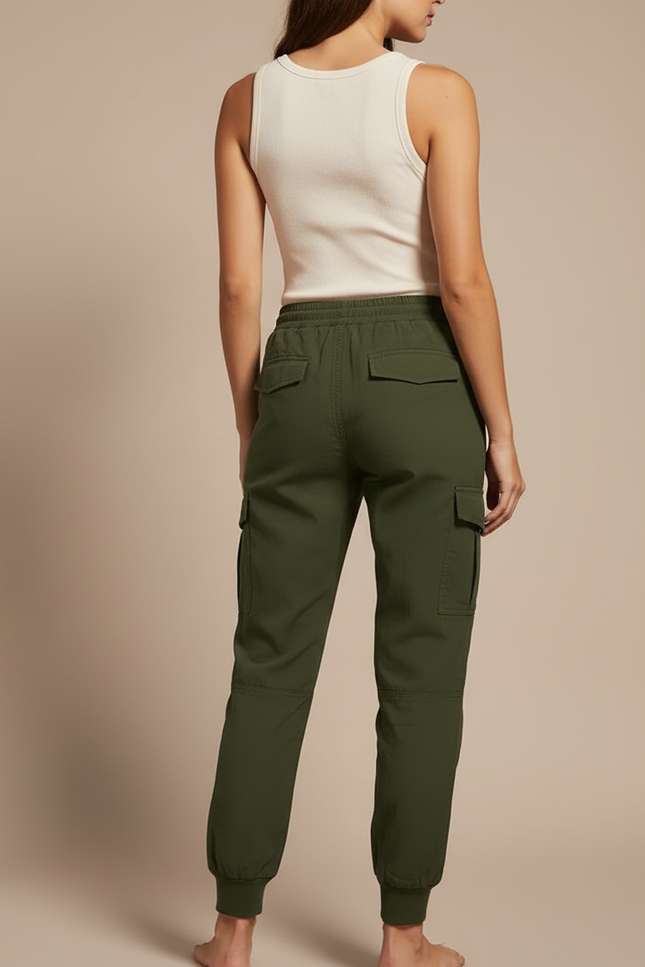 Pantalon Cargo Vert Militaire Fluide Cordon Élastique - Kaki Polyester - vue 2