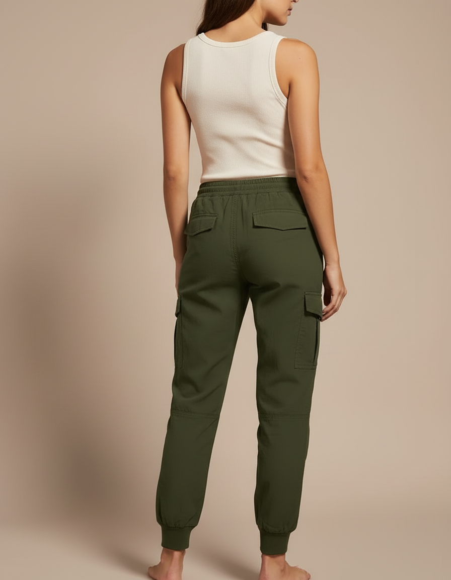 Pantalon Cargo Vert Militaire Fluide Cordon Élastique - Kaki Polyester - vue 2