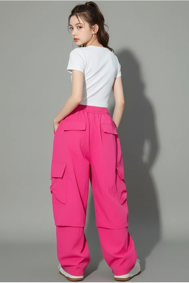 Pantalon Cargo Rose Ample Taille Haute Fille - Polyester - vue 2