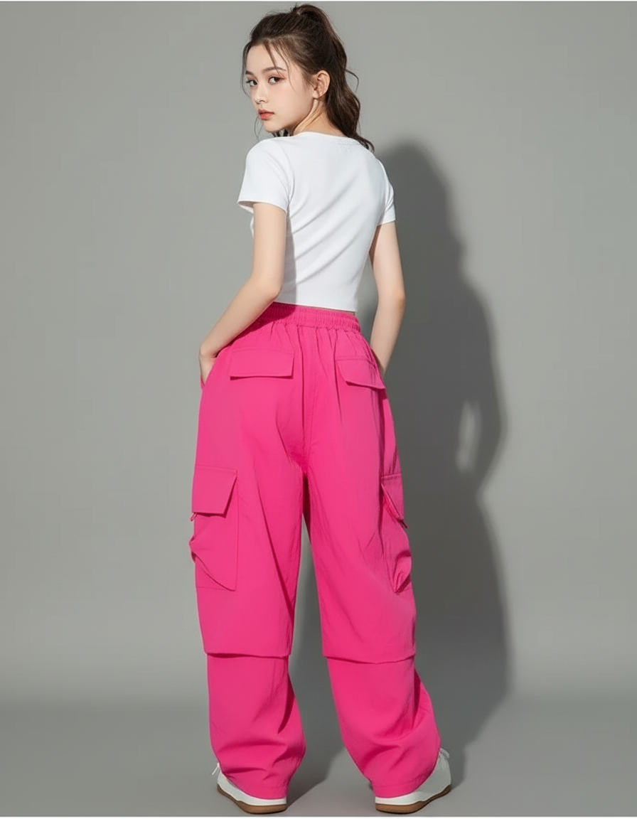 Pantalon Cargo Rose Ample Taille Haute Fille - Polyester - vue 2
