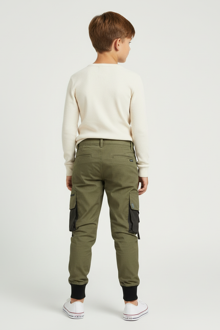 Pantalon Cargo Vert Militaire Enfant Multipoches Jogger - Kaki Coton - vue 2