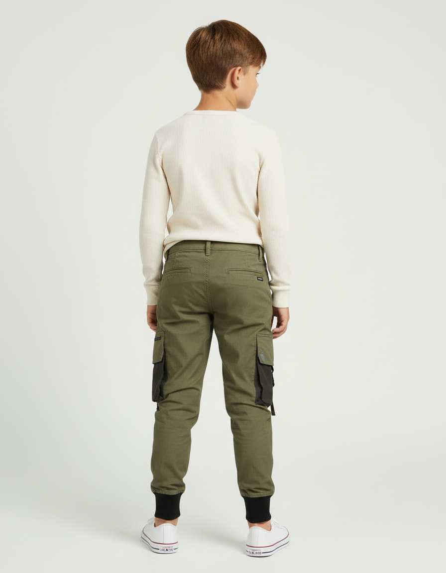 Pantalon Cargo Vert Militaire Enfant Multipoches Jogger - Kaki Coton - vue 2
