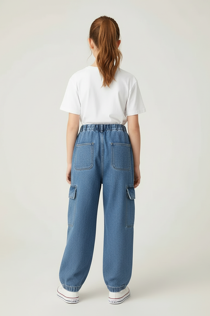 Pantalon Cargo Denim Ample Poches Latérales Fille - Bleu Jean - vue 2