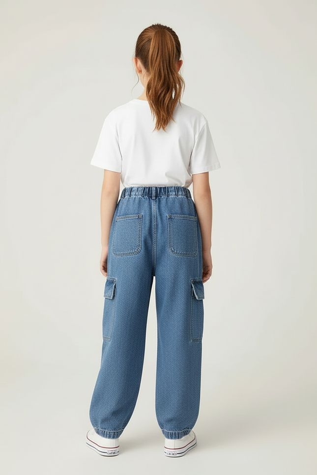 Pantalon Cargo Denim Ample Poches Latérales Fille - Bleu Jean - vue 2