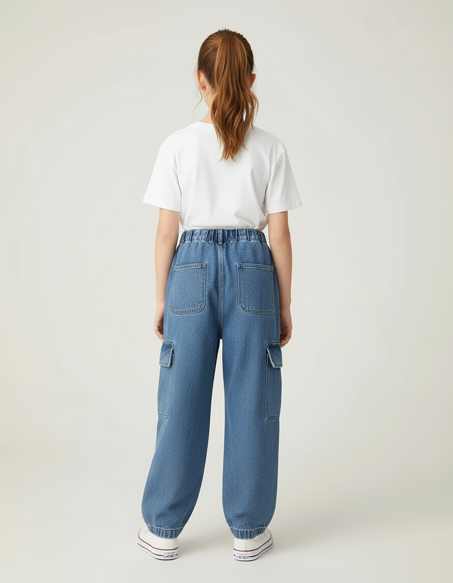 Pantalon Cargo Denim Ample Poches Latérales Fille - Bleu Jean - vue 2