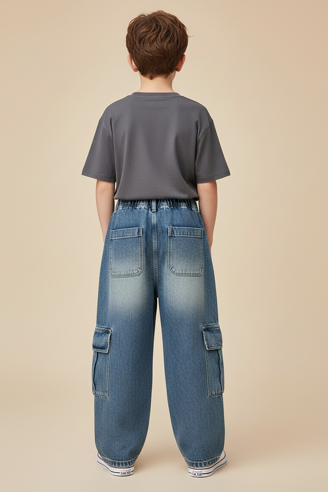 Pantalon Cargo Jean Ample Délavé Multipoches Garçon - Bleu - vue 2