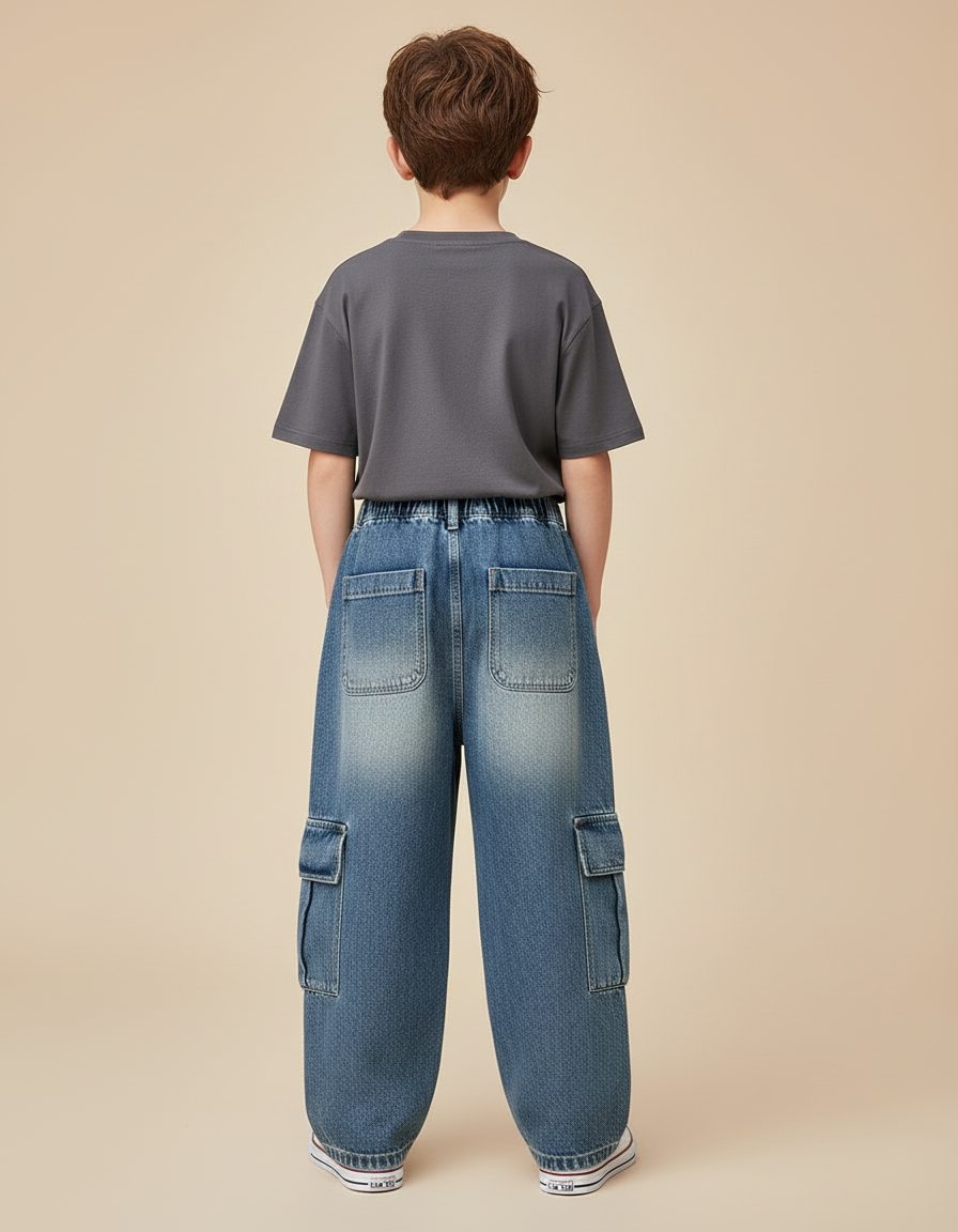 Pantalon Cargo Jean Ample Délavé Multipoches Garçon - Bleu - vue 2