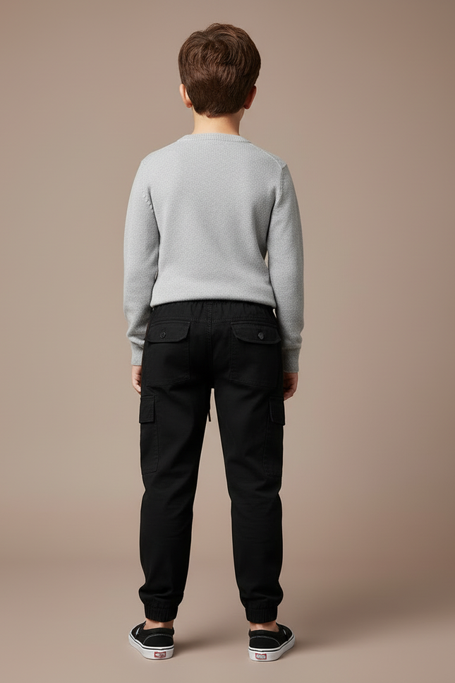 Pantalon Cargo Noir Coton Multipoches Enfant Décontracté - Toile - vue 2