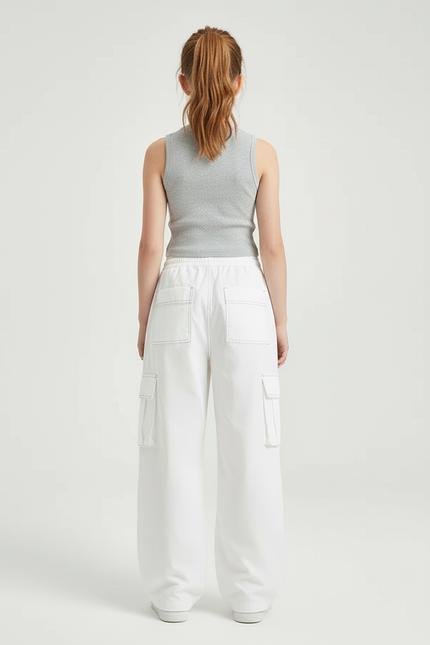 Pantalon Cargo Blanc Ample Coutures Apparentes - Toile - vue 2