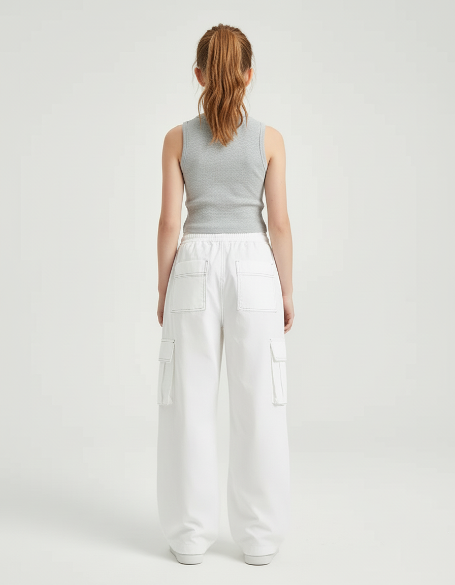 Pantalon Cargo Blanc Ample Coutures Apparentes - Toile - vue 2
