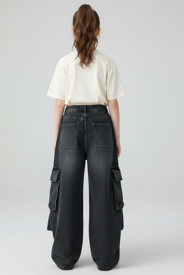 Pantalon Cargo Noir Ample Déchiré Multipoches Fille - Jean - vue 2