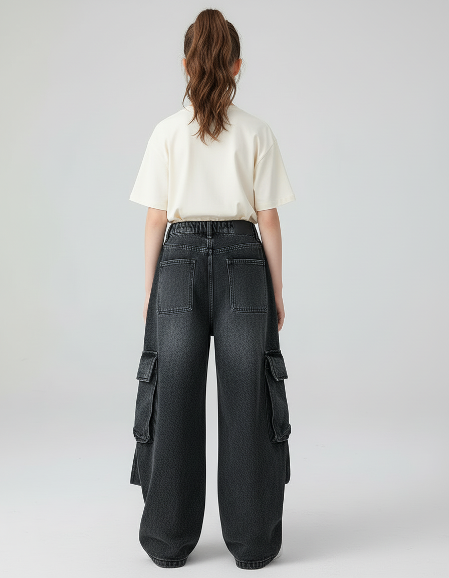 Pantalon Cargo Noir Ample Déchiré Multipoches Fille - Jean - vue 2