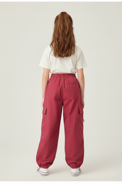 Pantalon Cargo Rose Ample Décontracté Multipoches Fille - Bordeaux Polyester - vue 2