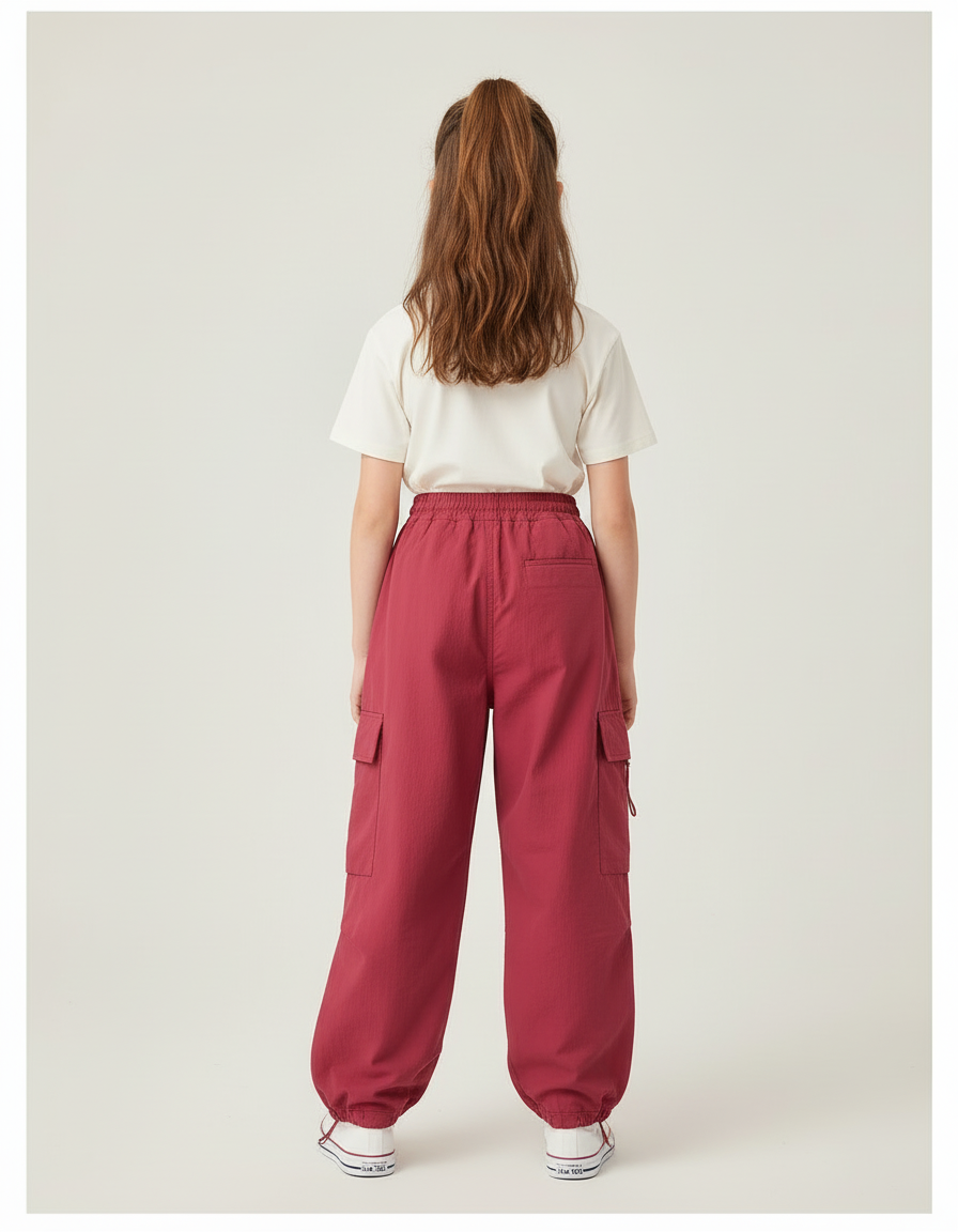 Pantalon Cargo Rose Ample Décontracté Multipoches Fille - Bordeaux Polyester - vue 2