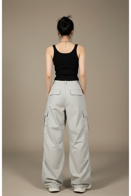 Pantalon Cargo Gris Nylon Ample Taille Haute Femme - Polyester - vue 2