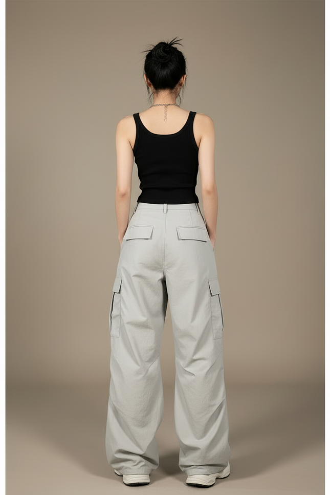 Pantalon Cargo Gris Nylon Ample Taille Haute Femme - Polyester - vue 2