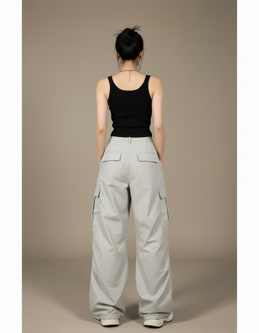 Pantalon Cargo Gris Nylon Ample Taille Haute Femme - Polyester - vue 2