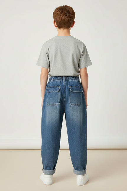 Pantalon Cargo Denim Ample Garçon Poches Latérales - Bleu Jean - vue 2