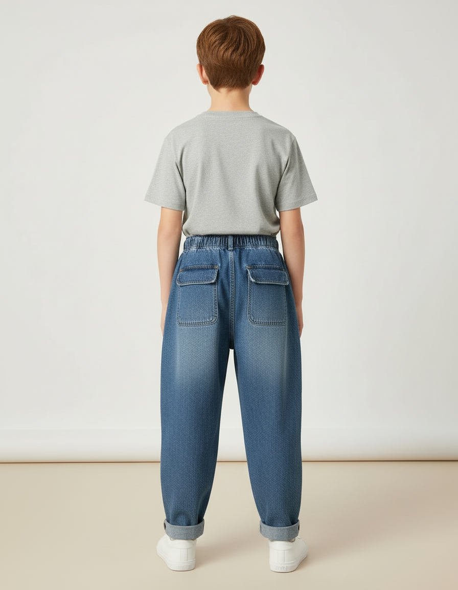Pantalon Cargo Denim Ample Garçon Poches Latérales - Bleu Jean - vue 2
