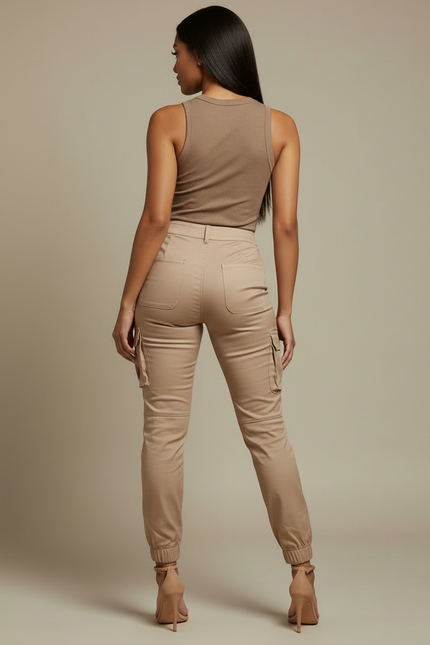 Pantalon Cargo Beige Slim Chaîne Multipoches Femme - Gabardine - vue 2