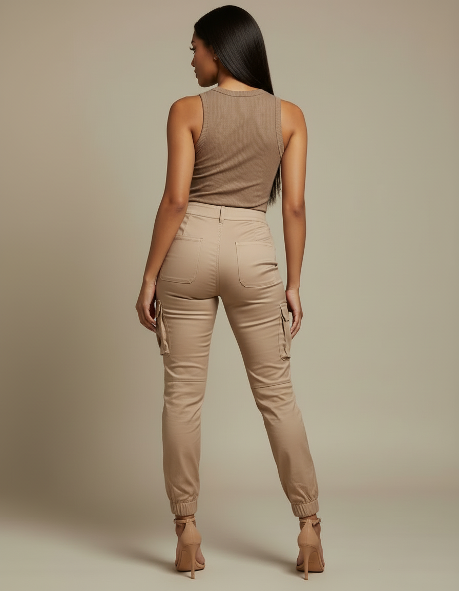 Pantalon Cargo Beige Slim Chaîne Multipoches Femme - Gabardine - vue 2